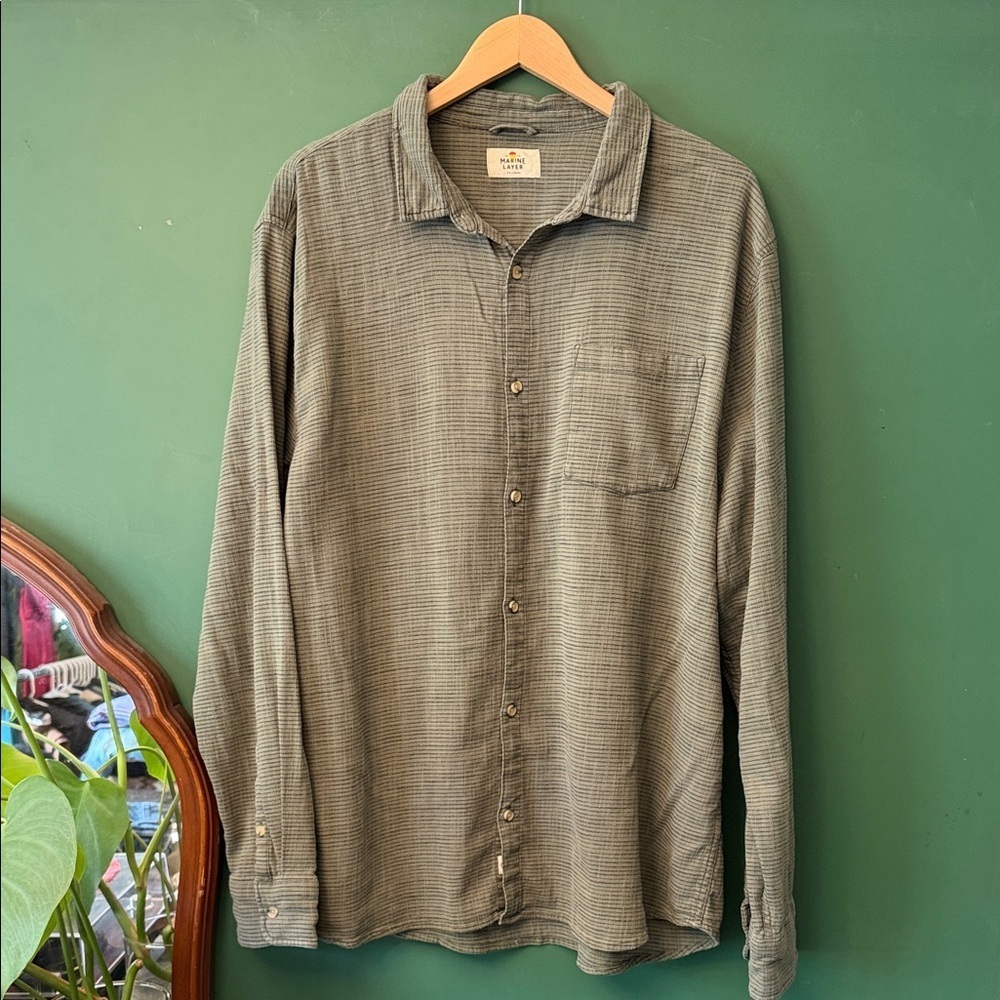Marine Layer Stretch Selvage Mens XXL Olive & Navy Long Sleeve Shirt Relaxed